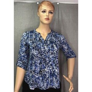 Notations Women's Size L 3/4 Sleeve Blouse Top Blue Black White